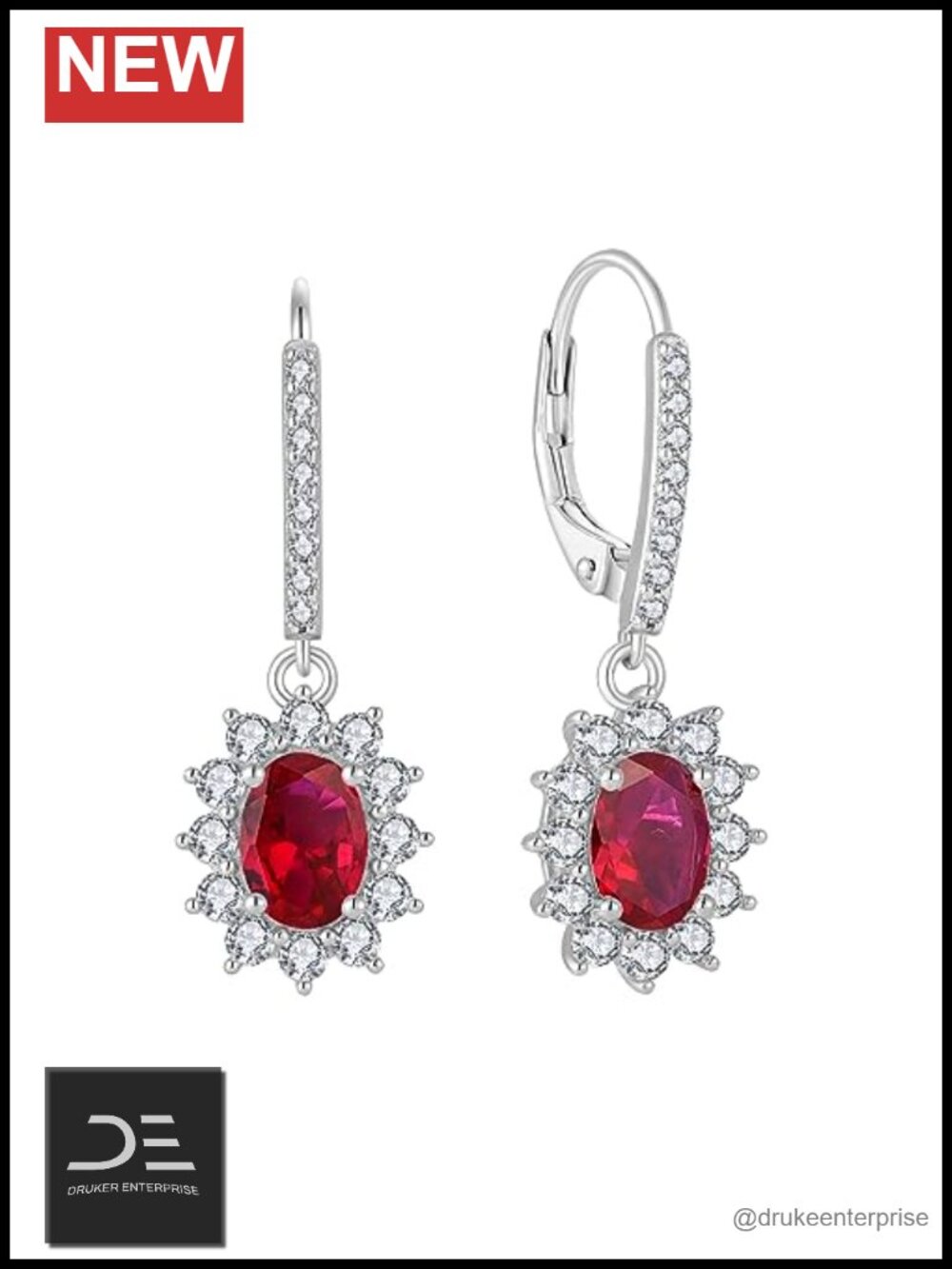 925 Sterling Silver Halo Oval Leverback Dangle Earrings Ruby